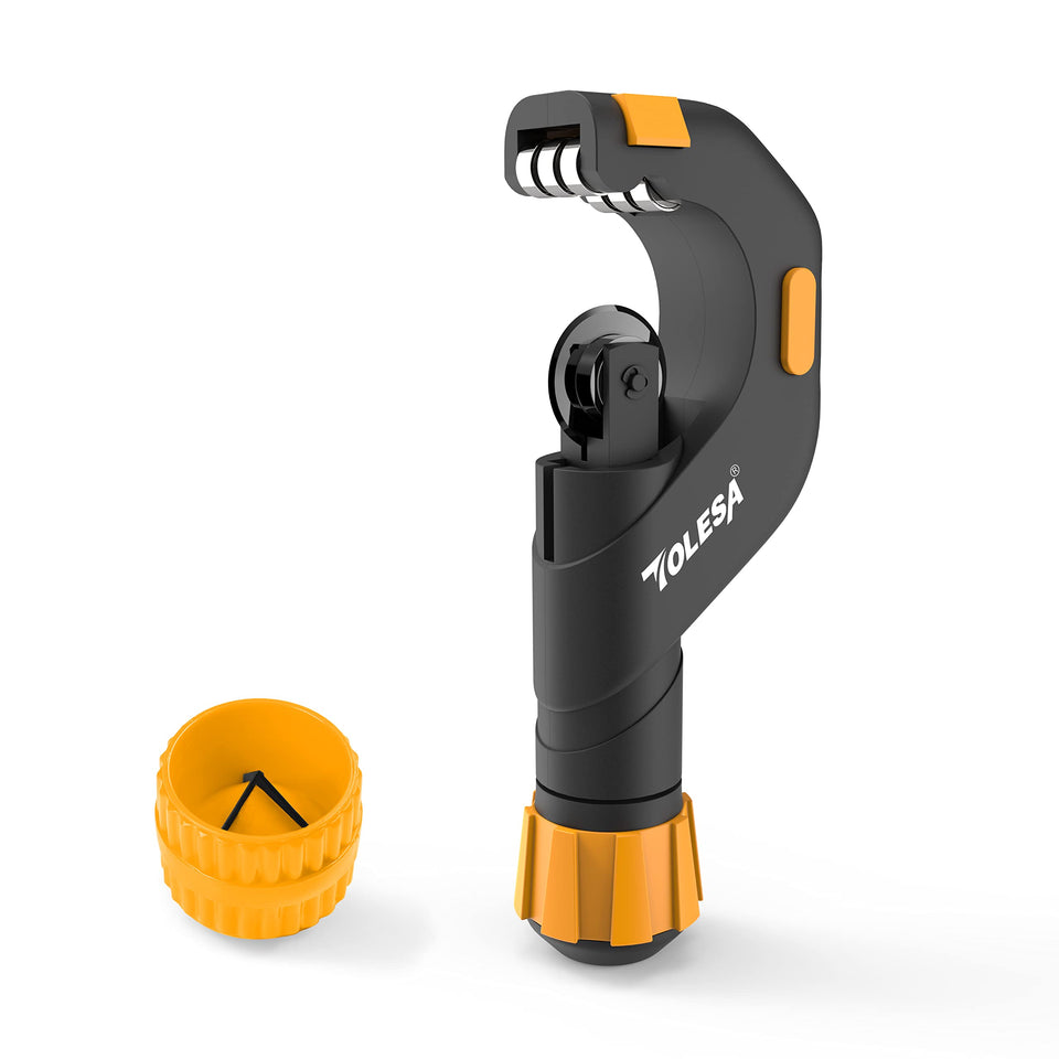 TOLESA pipe cutter shows a precise cut on metal for clean joints.