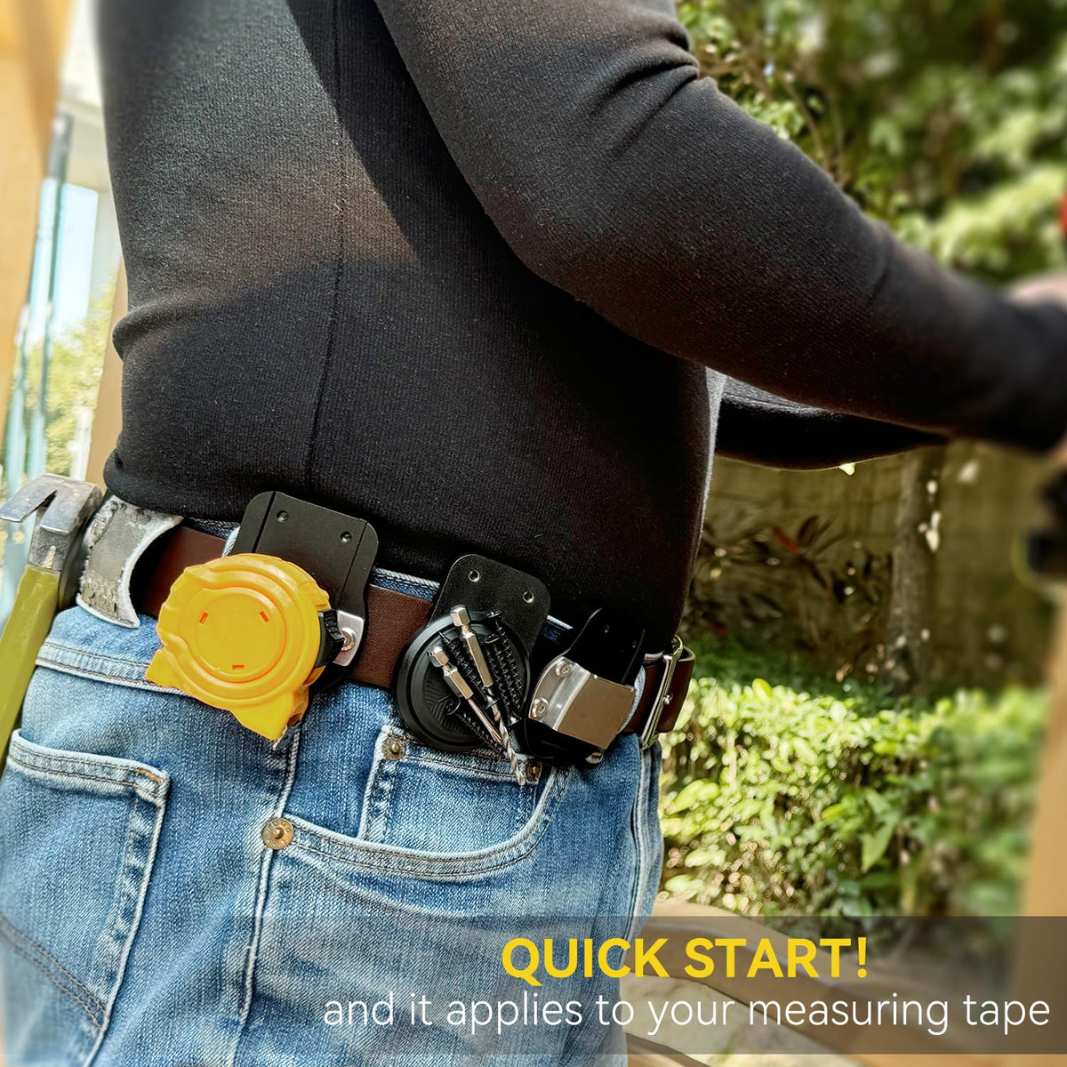 Tolholder Tape Measure Holder attached to a pocket for hands-free use.
