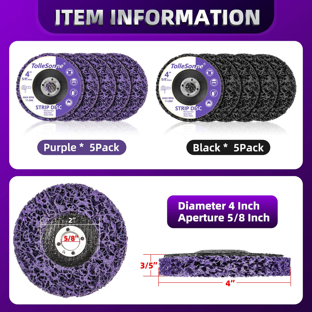 TolleSonne 4in purple strip disc offers longer life and faster cuts.