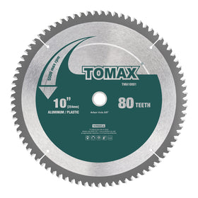 TOMAX 10-Inch 80-Tooth blade close-up shows tough carbide teeth for long life.