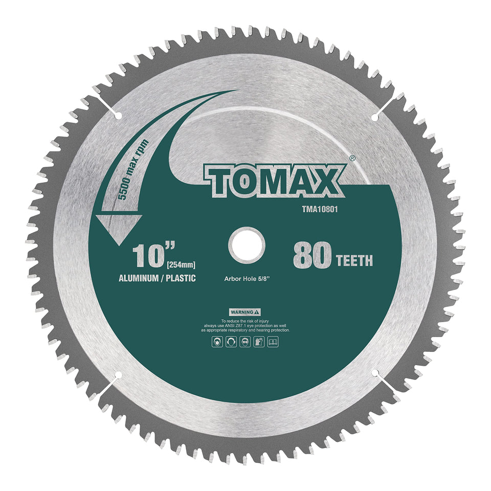 TOMAX 10-Inch 80-Tooth blade close-up shows tough carbide teeth for long life.