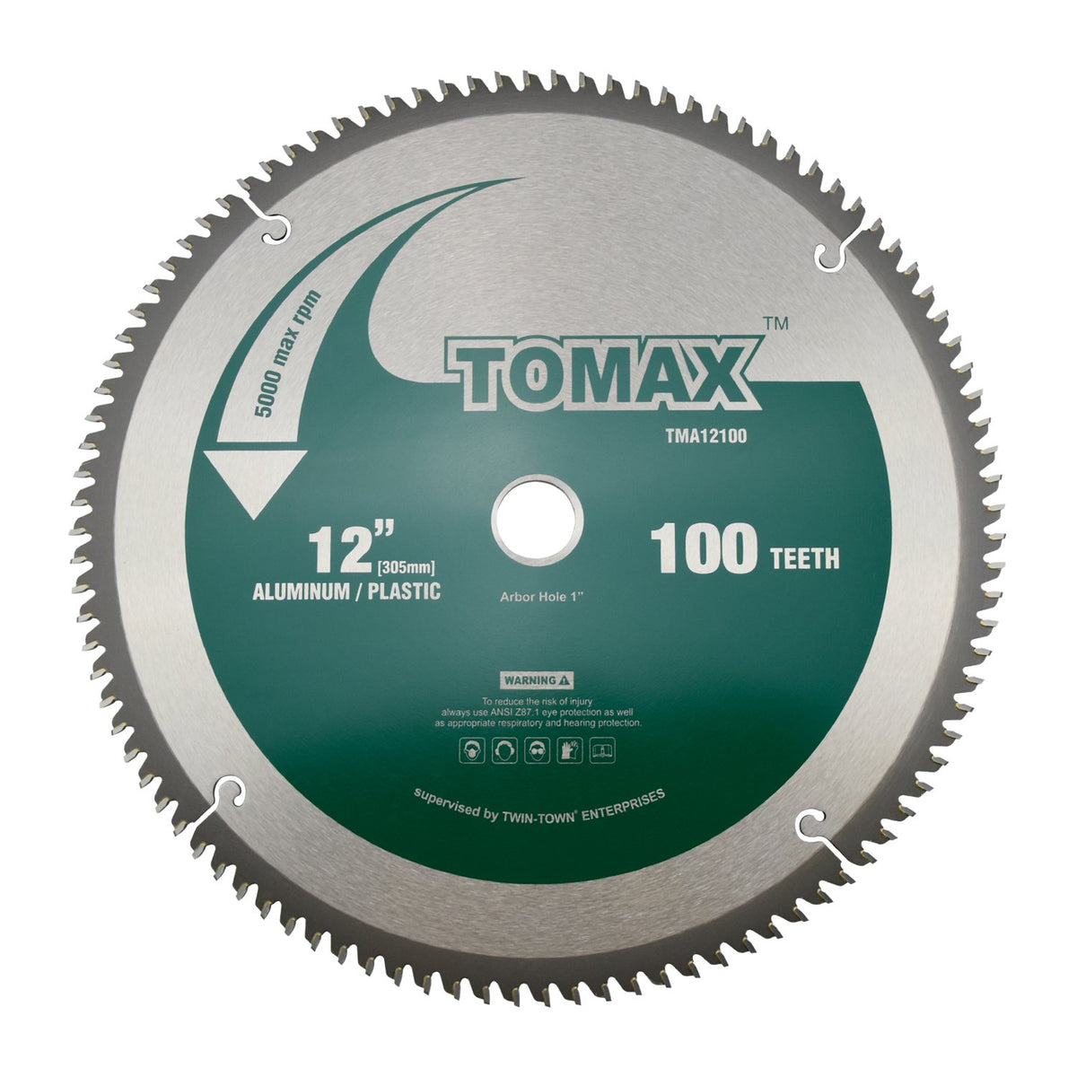 TOMAX 12-Inch 100-Tooth blade ready for aluminum and plastic cuts with a 1-Inch arbor