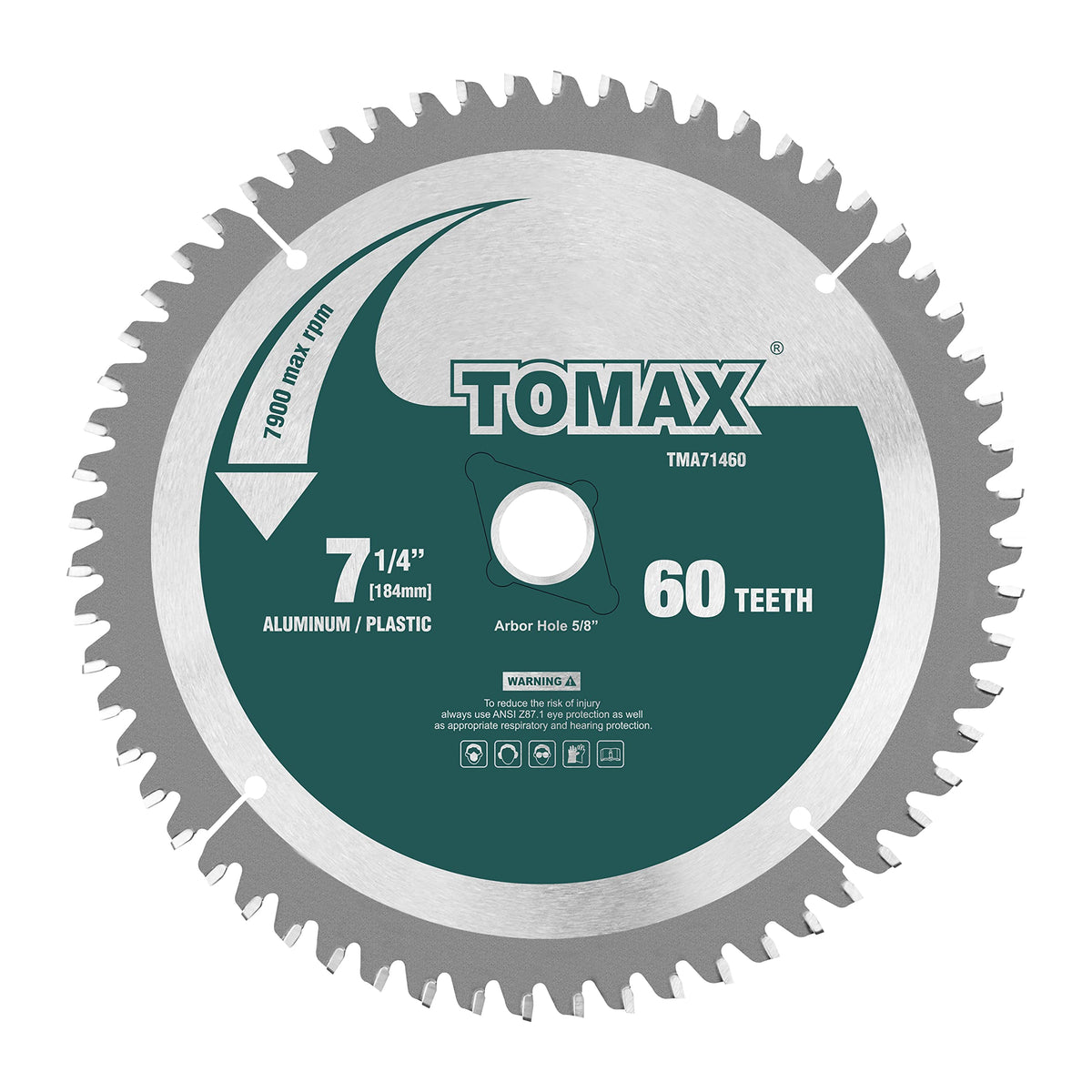 TOMAX 7-1/4 inch blade top view highlights 60 teeth for versatile cuts