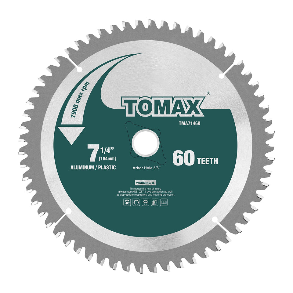 TOMAX 7-1/4 inch blade top view highlights 60 teeth for versatile cuts