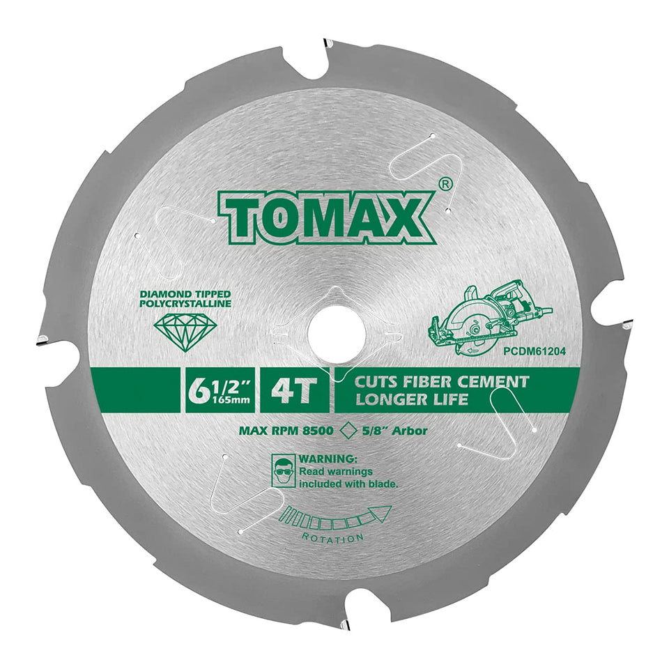 Tomax PCDM61204 blade with four diamond-tipped teeth for fiber cement cutting.