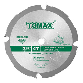 TOMAX PCDM71404 blade close-up with four diamond-tipped teeth for fiber cement cuts