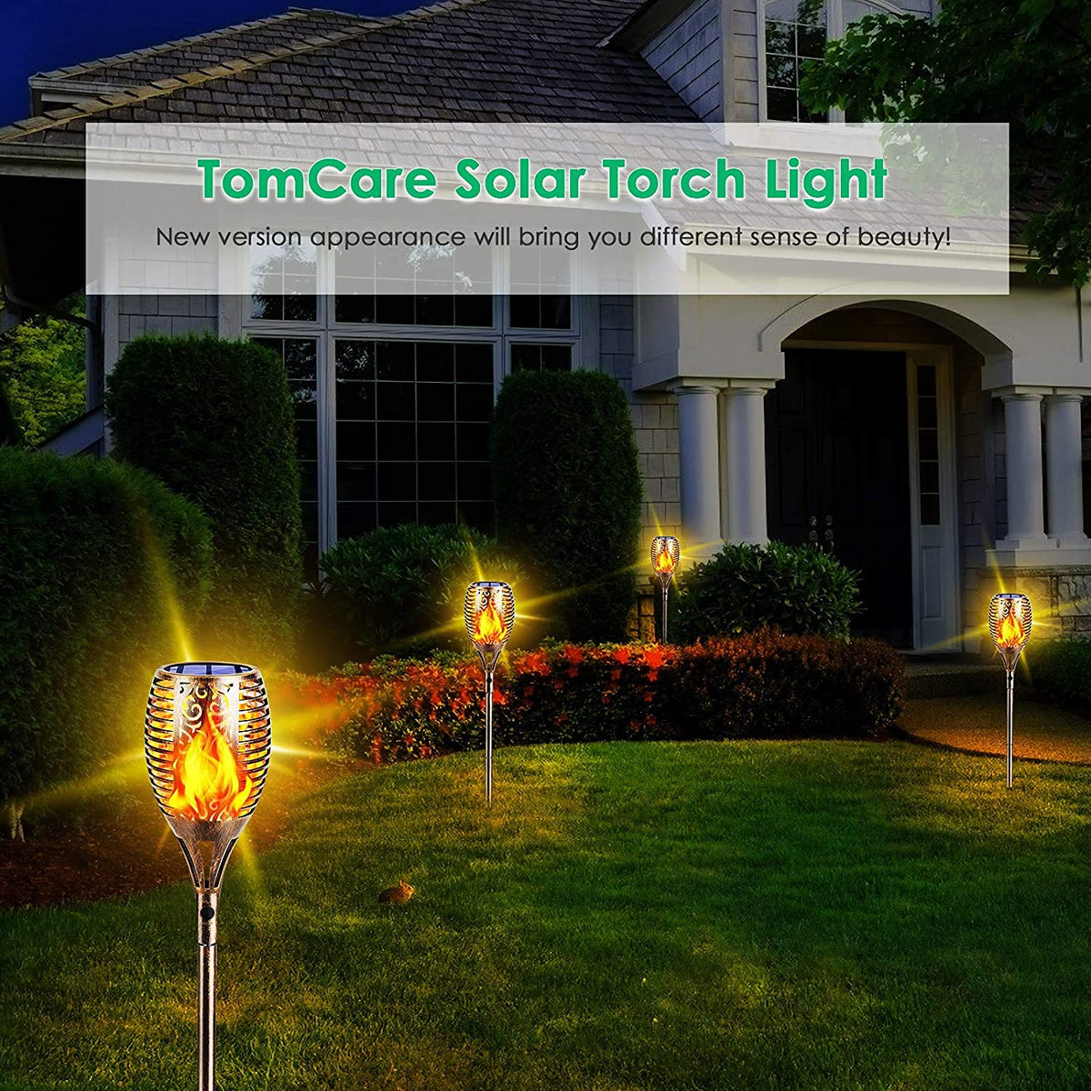 TomCare bronze solar flame torches in backyard ambience after sunset