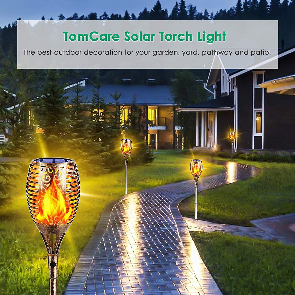 TomCare 4 pack bronze solar flame torches packaging image