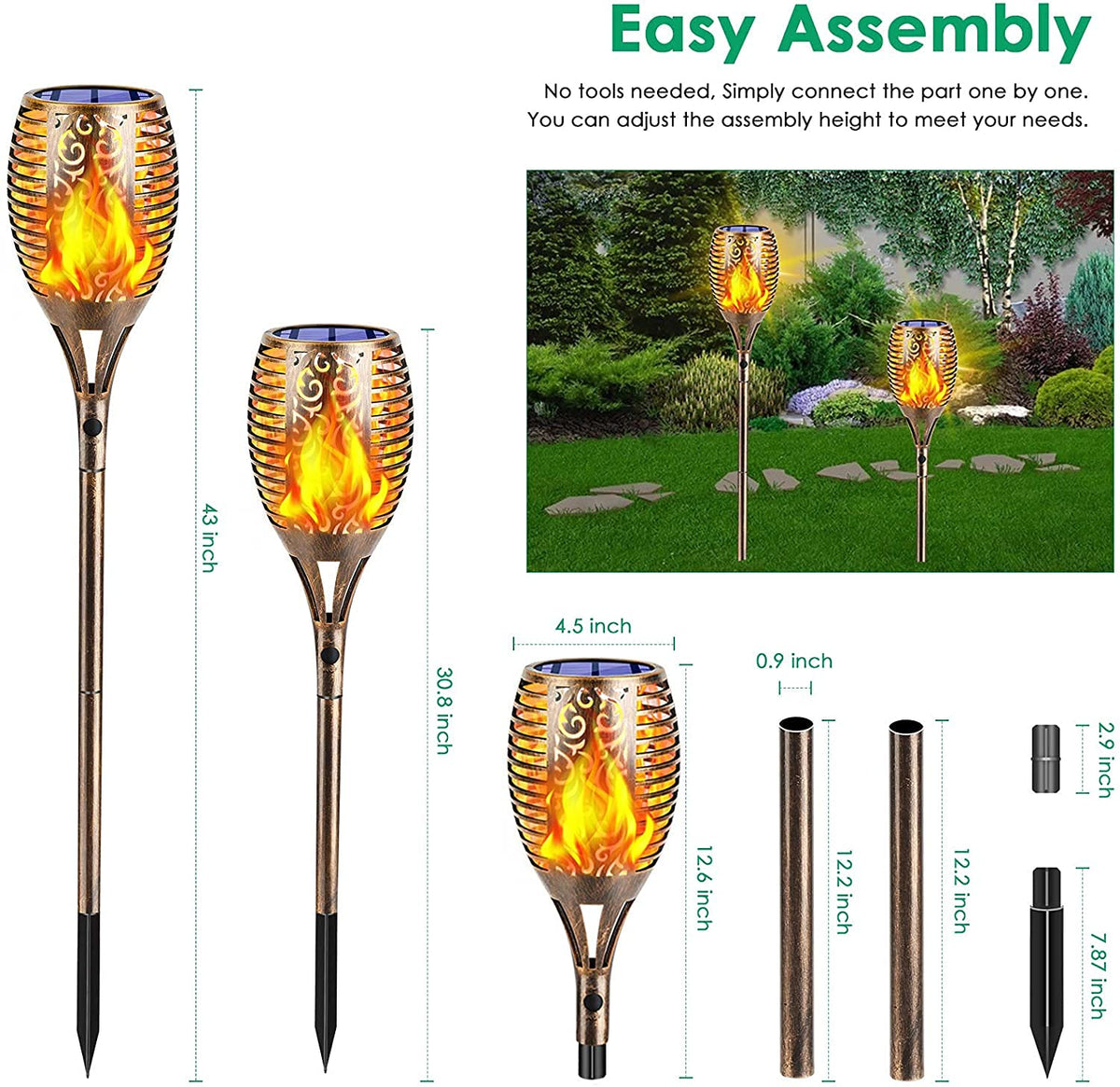 TomCare bronze solar flame torch lighting a side path and garden