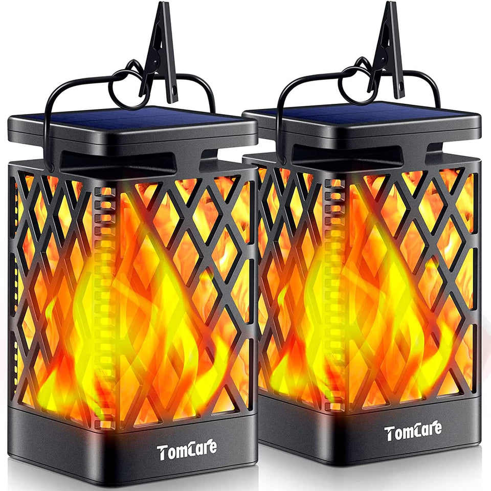 TomCare solar lantern with dancing flame for outdoor lighting.