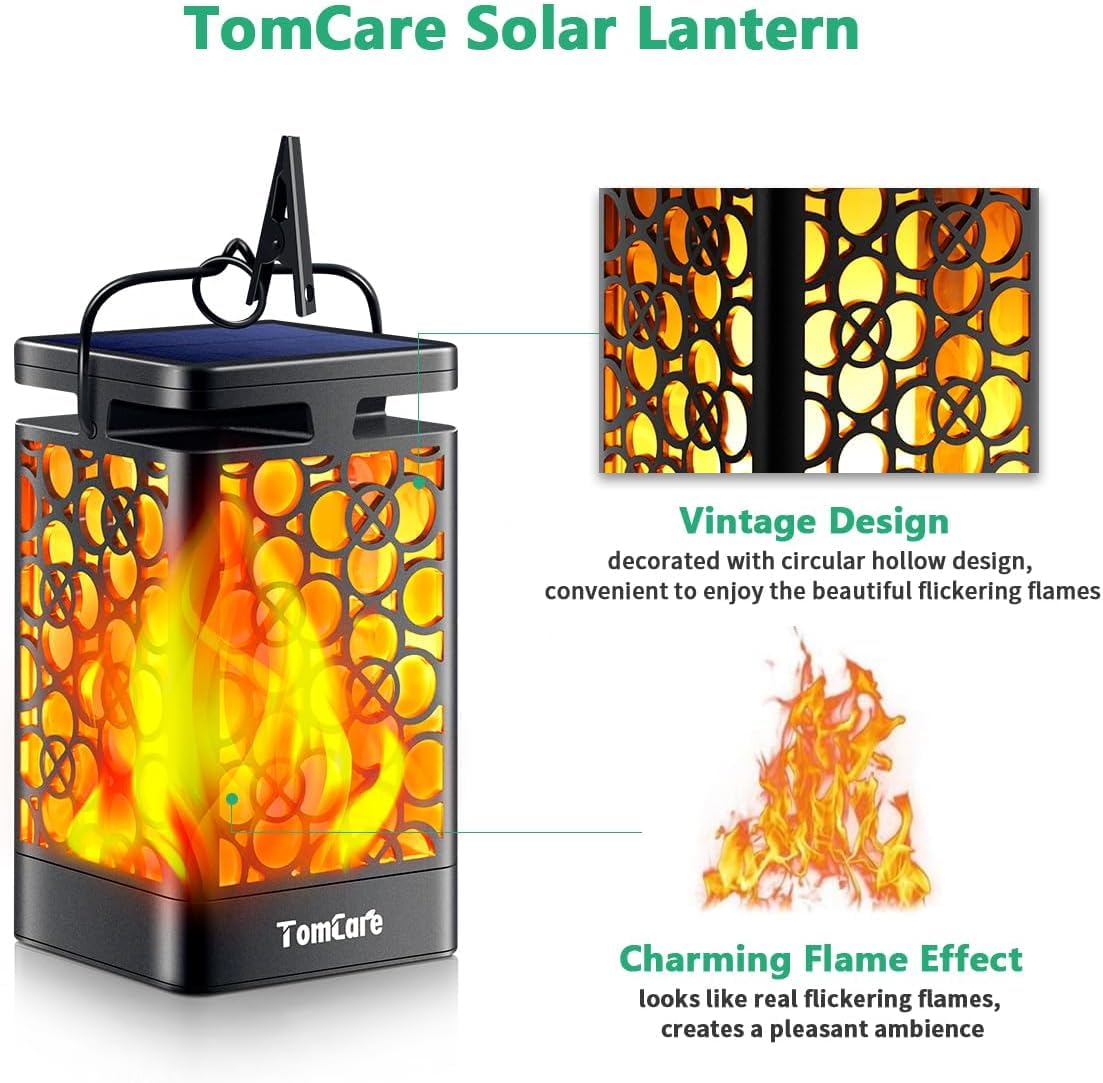 TomCare solar lantern at dusk lighting up patios with warm glow.