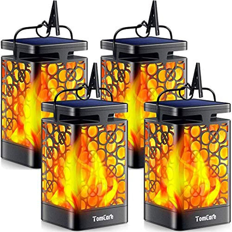 TomCare solar lantern with flickering flame creates warm outdoor ambience