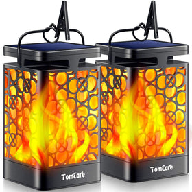 TomCare solar lantern close-up with flickering flame design for cozy outdoor evenings.