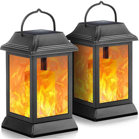 TomCare solar lantern with flickering flame creates cozy outdoor ambiance