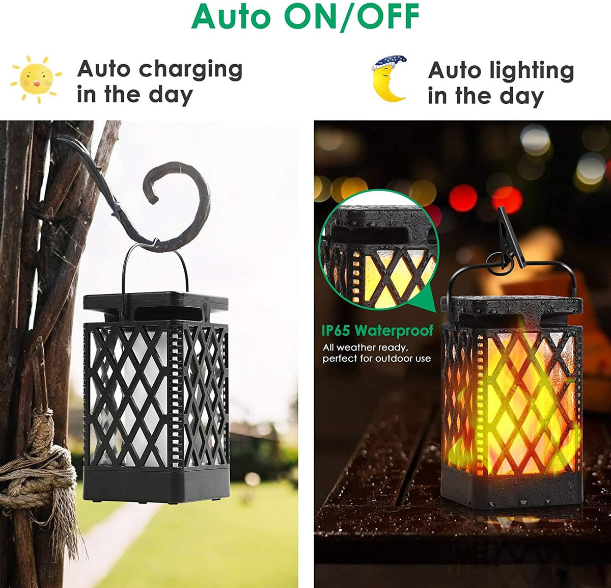 TomCare outdoor hanging lanterns installed along patio or fence.