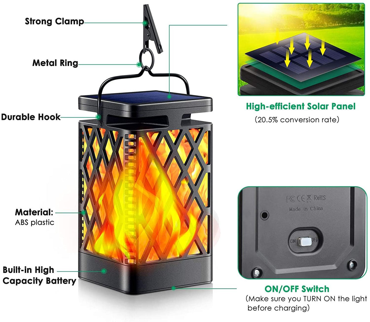 TomCare solar-powered lantern charges in sun to save energy.