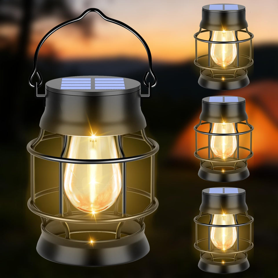 TomCare solar lanterns hanging with warm white glow for cozy outdoor evenings.