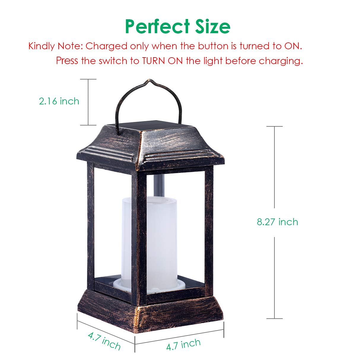 TomCare bronze lantern at dusk offering inviting garden lighting with flicker.
