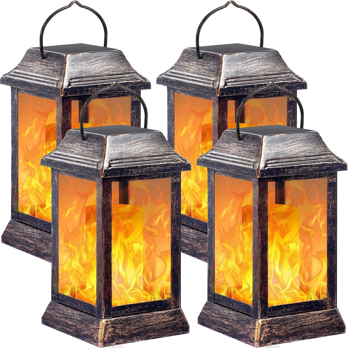 TomCare bronze flickering flame lantern hanging outdoor lighting for patio ambiance.