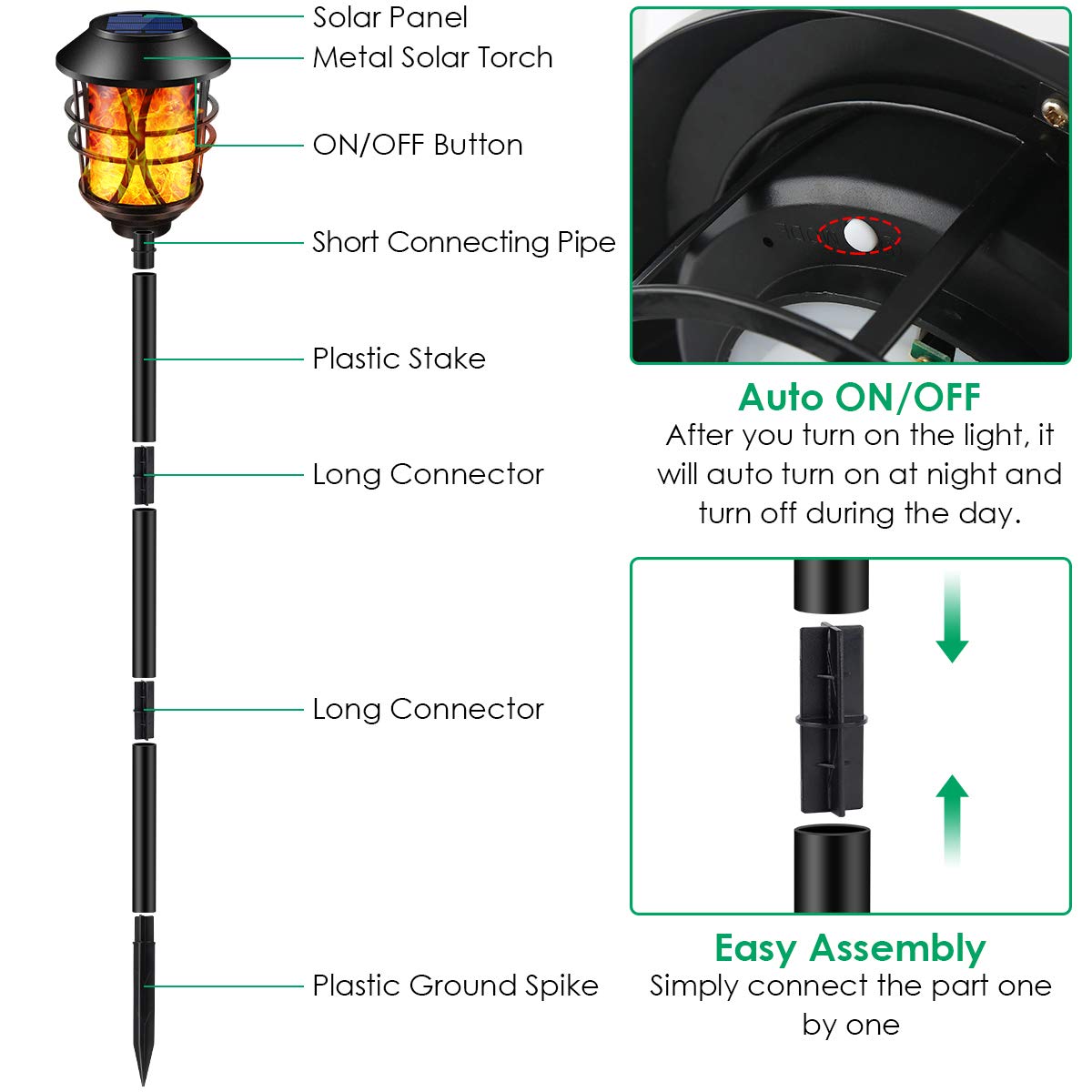 TomCare solar torch dusk-to-dawn auto-on features save energy.