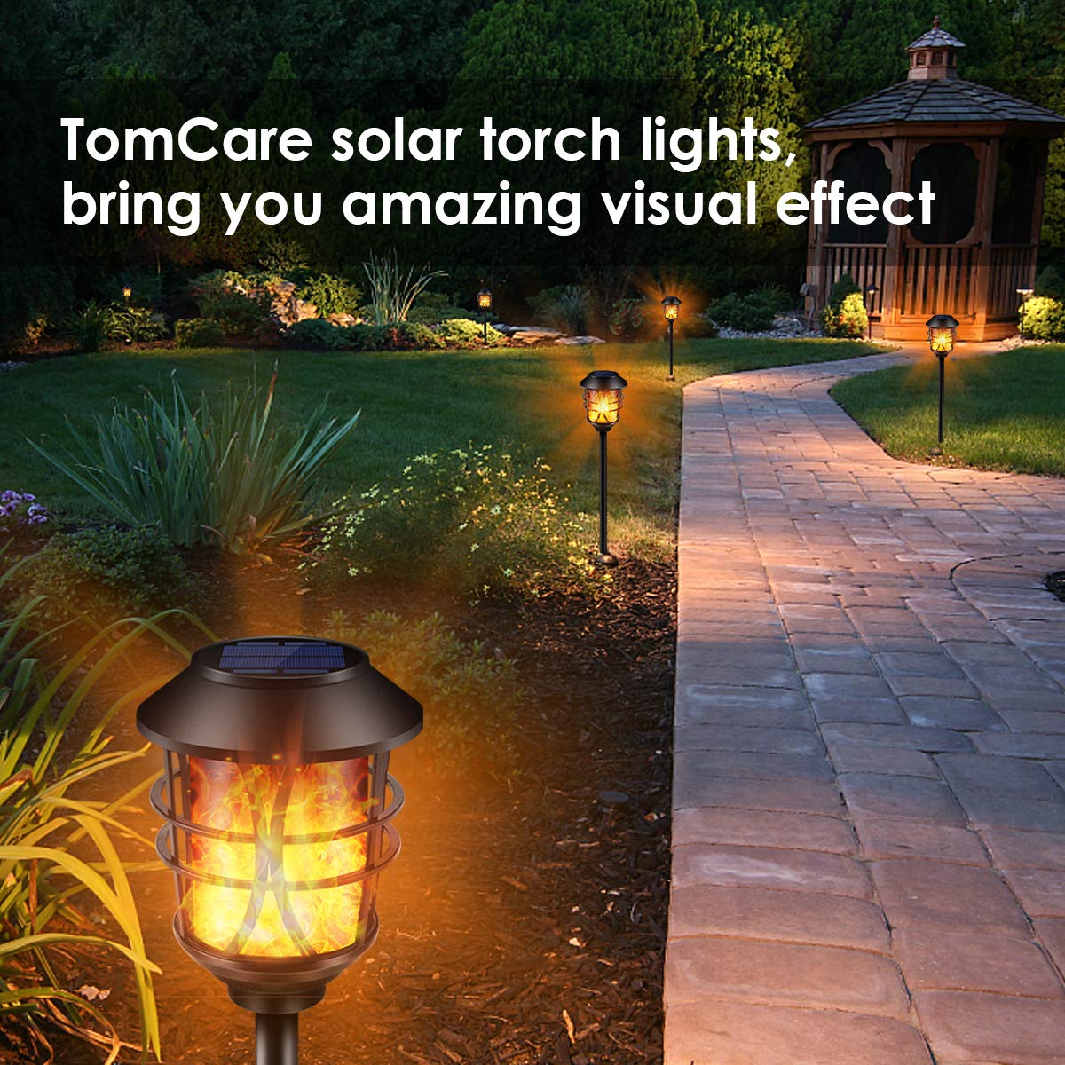 TomCare solar torch flame lights enhance patios and yards.