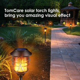 TomCare solar torch flame lights enhance patios and yards.