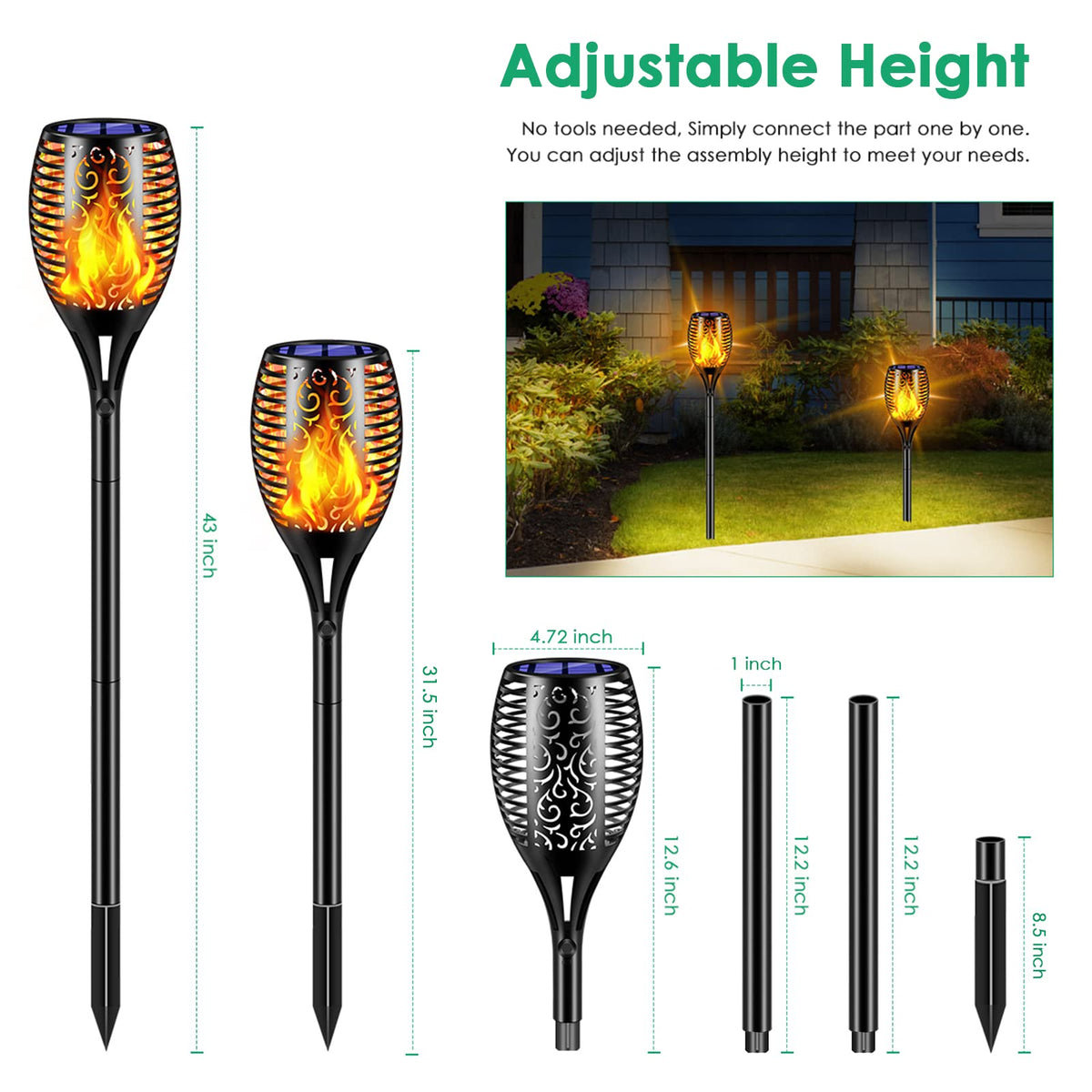 TomCare solar torch lights for outdoor paths, wire-free installation