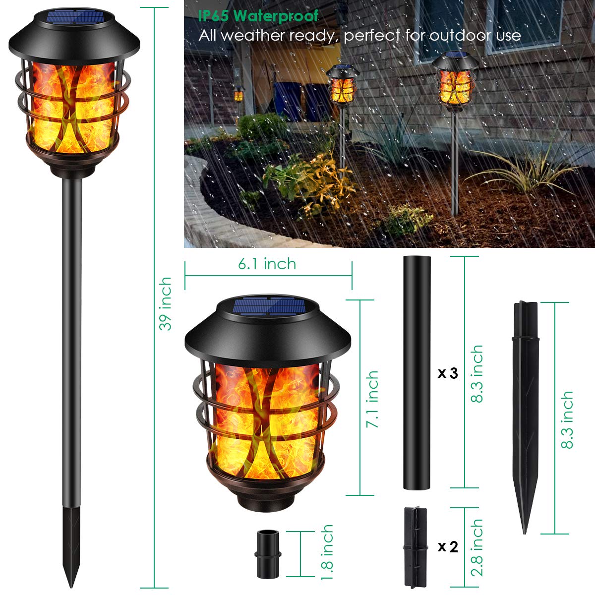 TomCare solar torch waterproof IP65 design withstands rain and snow.