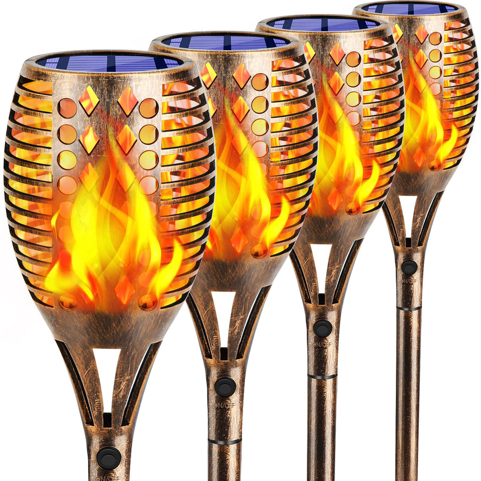 TomCare solar torches stand 43 inches tall in bronze, delivering a dramatic pathway glow for outdoor ambiance.