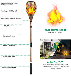 TomCare torches show flickering flame LEDs for a cozy outdoor ambiance at night.
