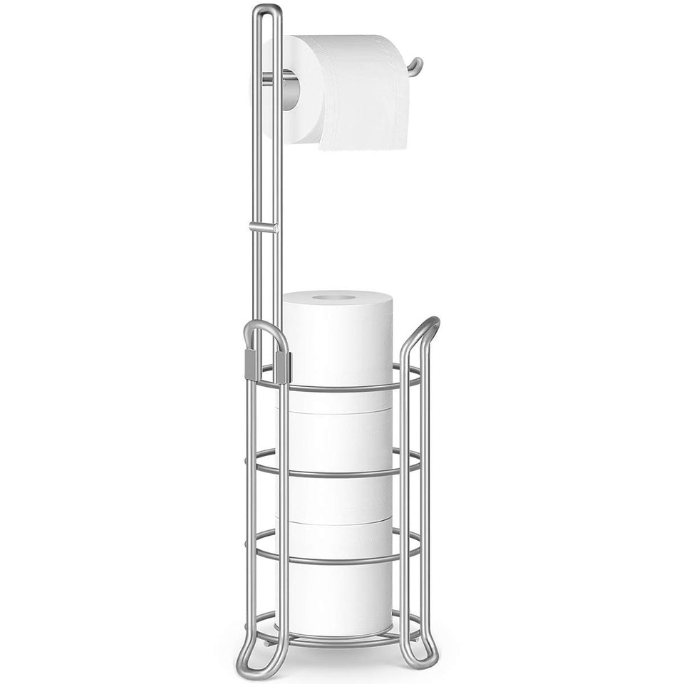 TomCare toilet paper holder stand showing three spare rolls for quick replacements