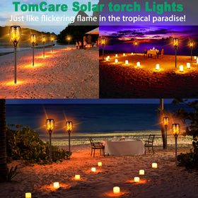 TomCare warm glow torch light ideal for outdoor gatherings and parties.