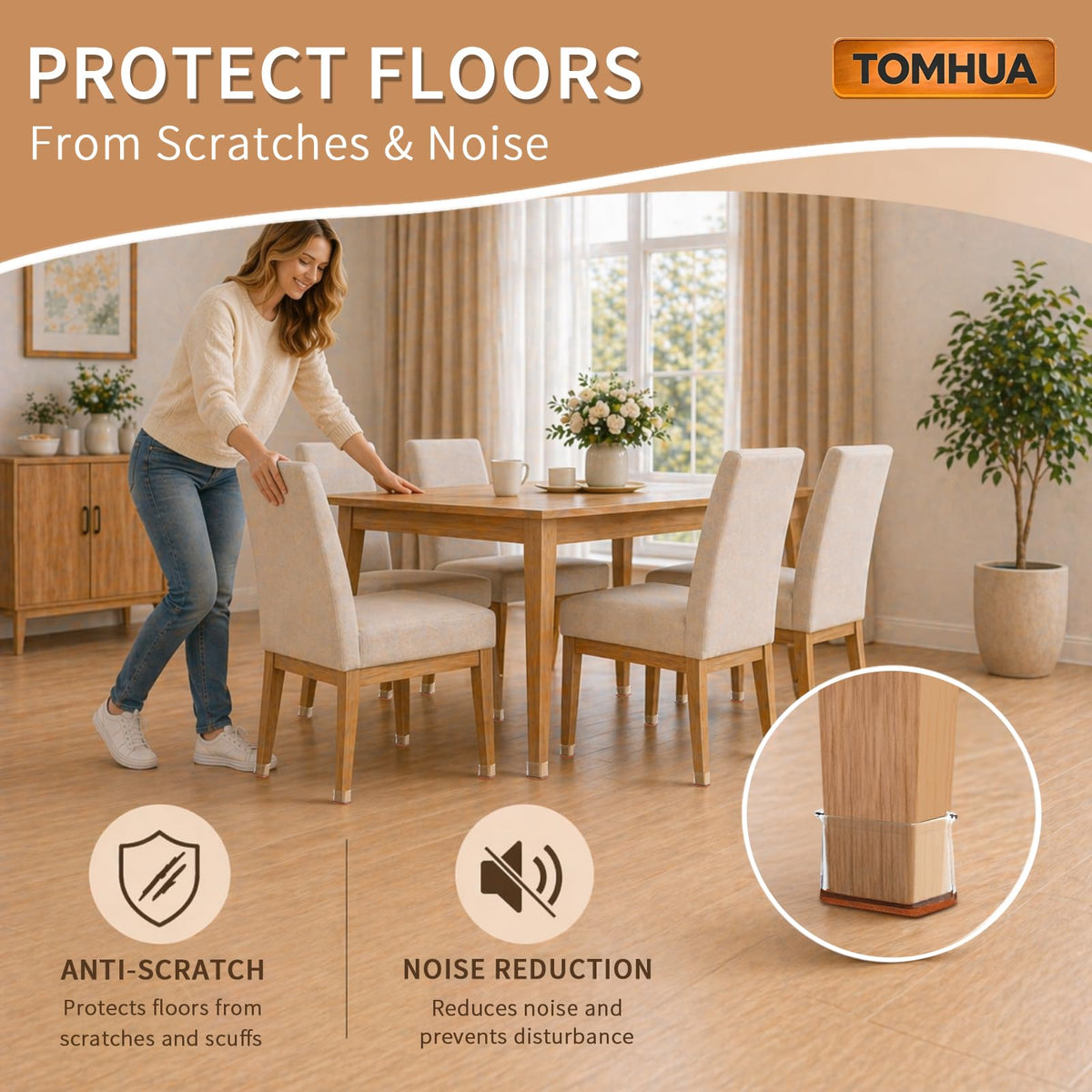 TOMHUA chair leg protectors with transparent silicone for subtle floor protection