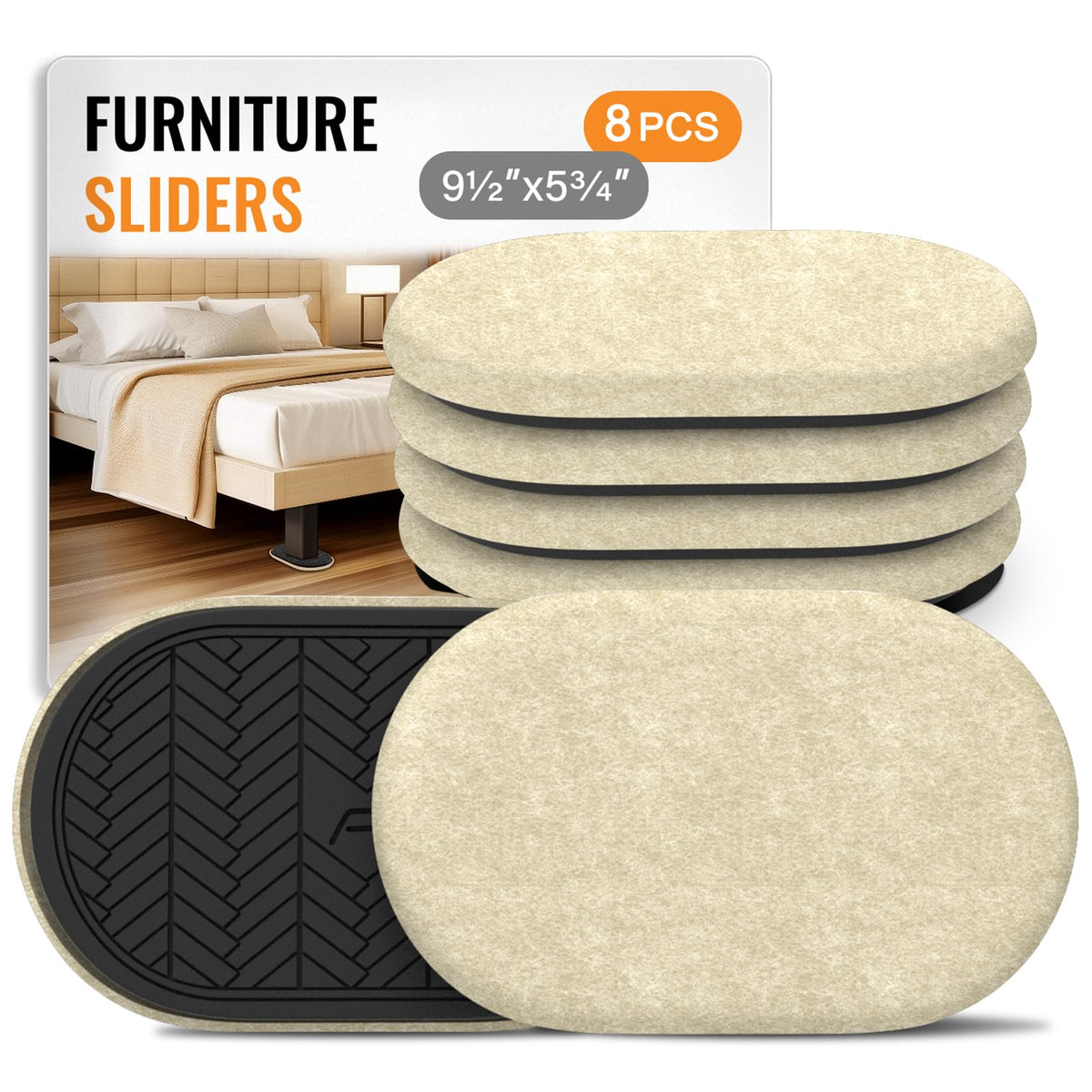 TOMHUA furniture sliders packaging shows an eight-pack for hardwood floors, enabling easy rearrangement.