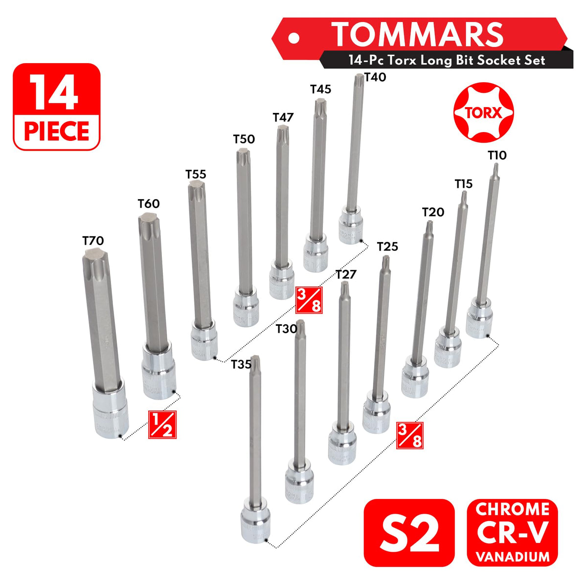 TOMMARS elongated torx bits reach tight spots and recessed fasteners.