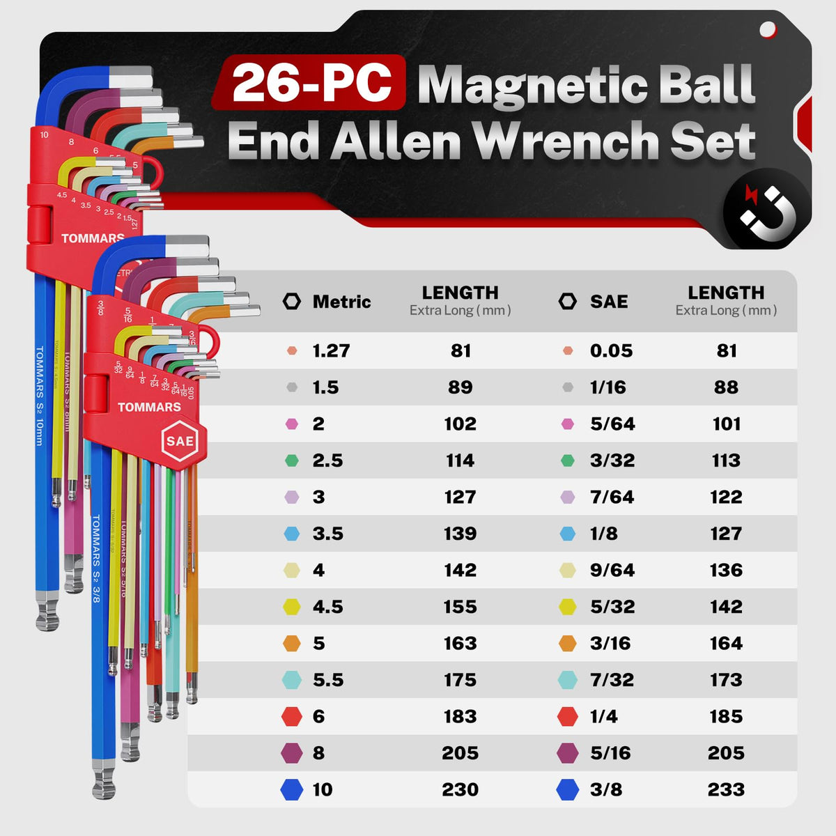 TOMMARS magnetic ball-end closeup shows durable precision tools for tight spaces.