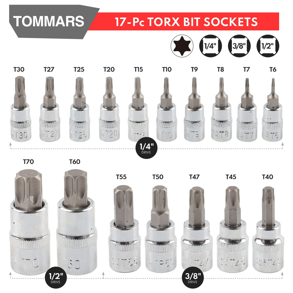 Rows of 3/8-inch drive Torx sockets for versatile repairs.