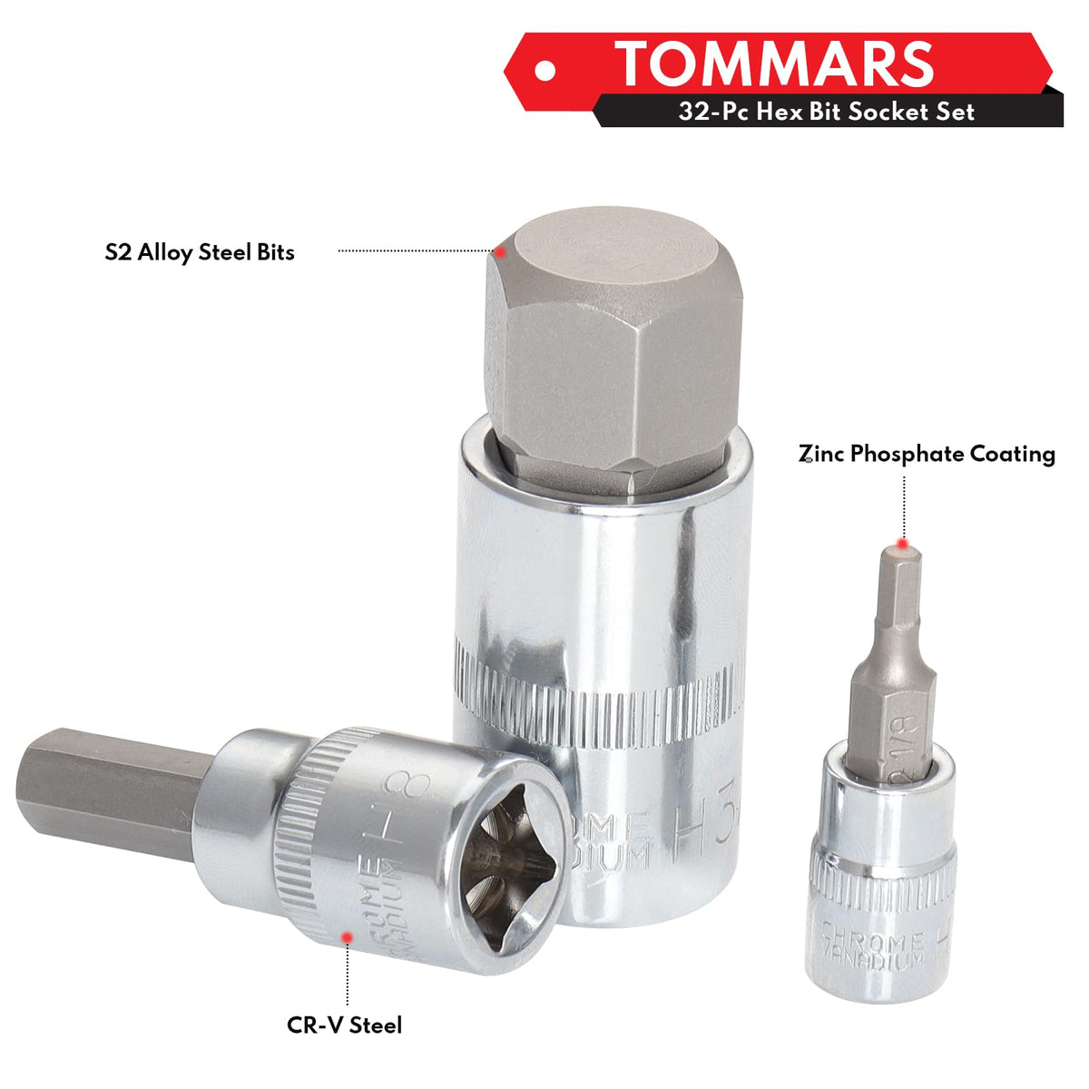 TOMMARS hex bits precisely sized and chamfered for a snug fastener fit.