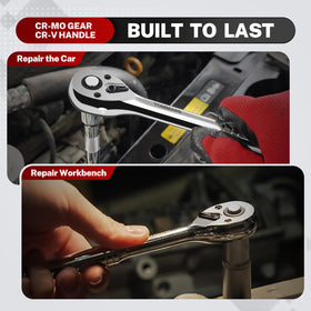 TOMMARS ratchet set 3/8-inch drive shown for auto repair tasks.
