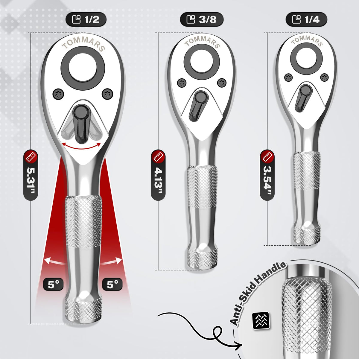 TOMMARS Stubby ratchet 1-2 drive enables quicker turns.