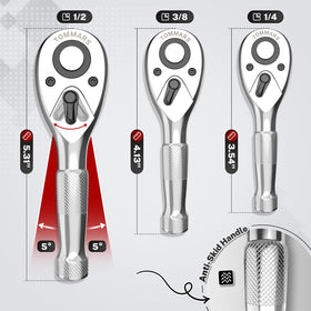 TOMMARS Stubby ratchet 1-2 drive enables quicker turns.