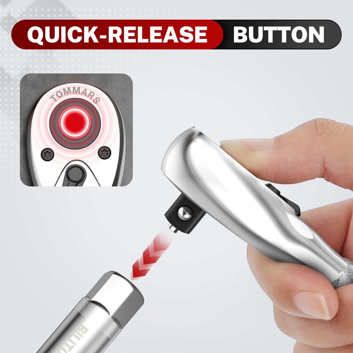 TOMMARS Stubby ratchet textured handle offers secure grip.