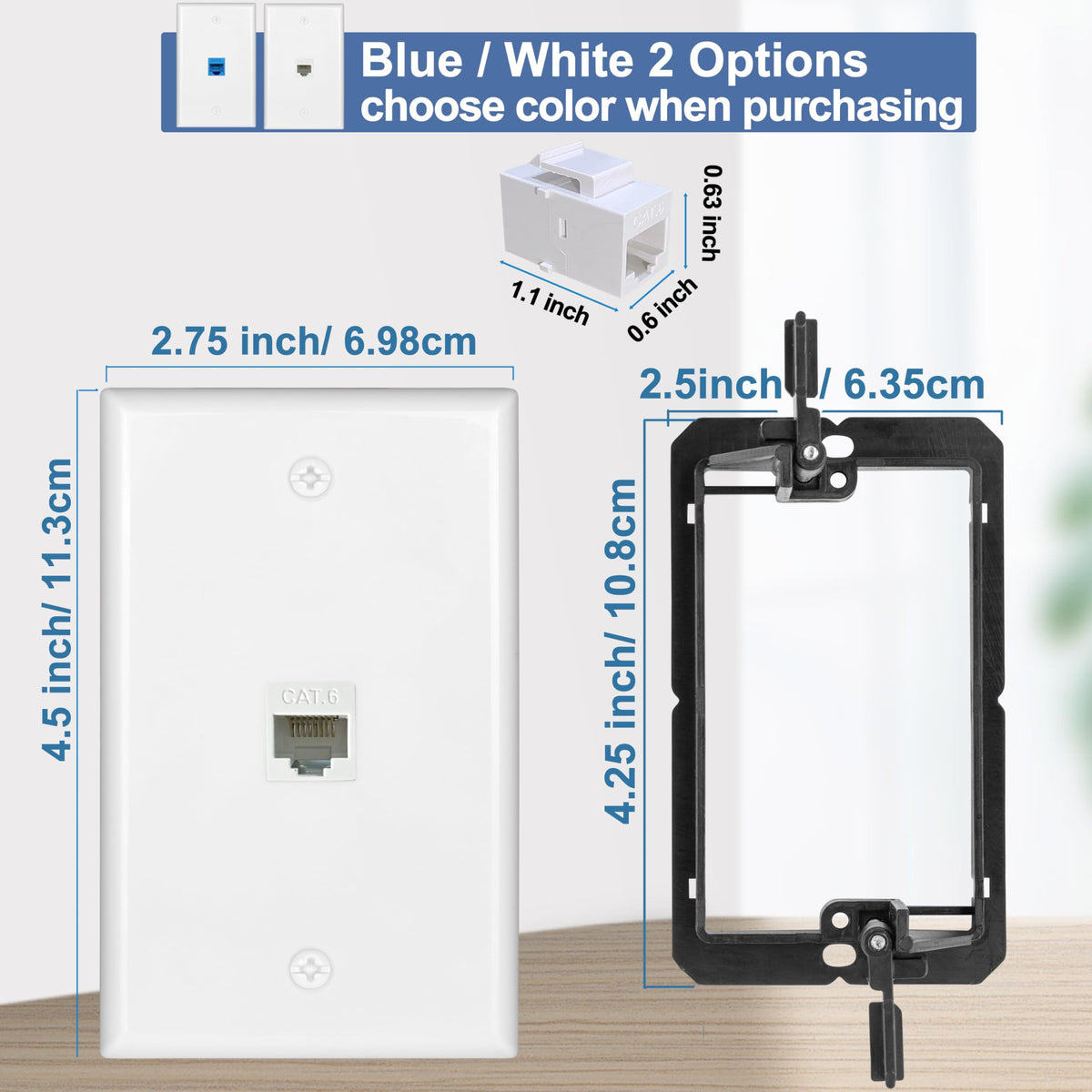 Tomoder female-to-female RJ45 coupler in wall plate for simple one-to-one network linking.