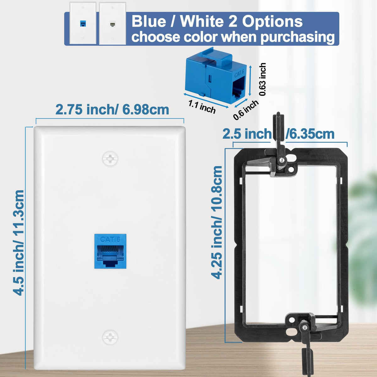 Tomoder blue RJ45 keystone jack close-up showing gold contacts.
