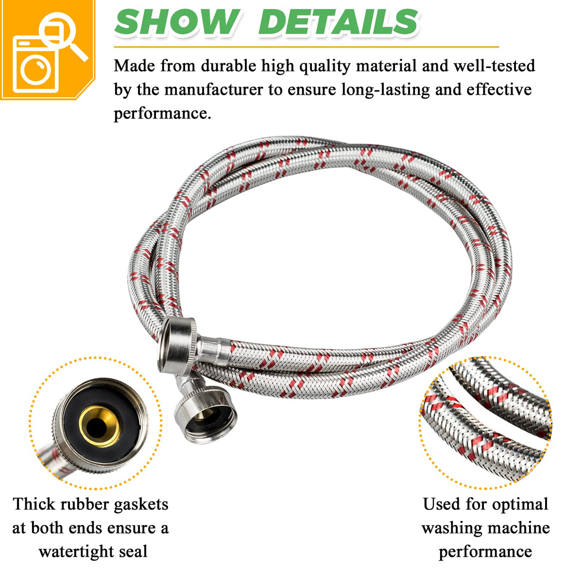 TOMOON 4ft stainless steel hot hose with red liner for steady hot water flow