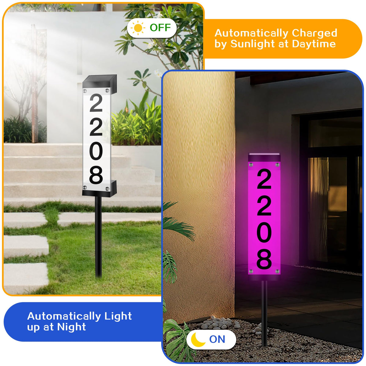 Tomskiko Solar Address Sign remote control selects lighting modes