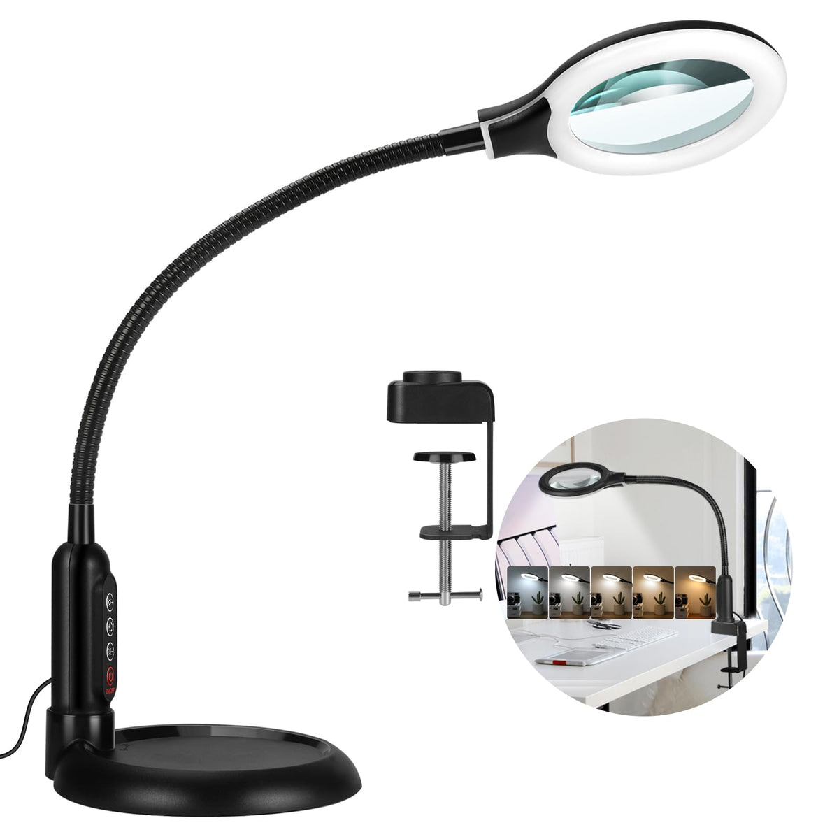TOMSOO 10X magnifying glass with light on desk for crafts
