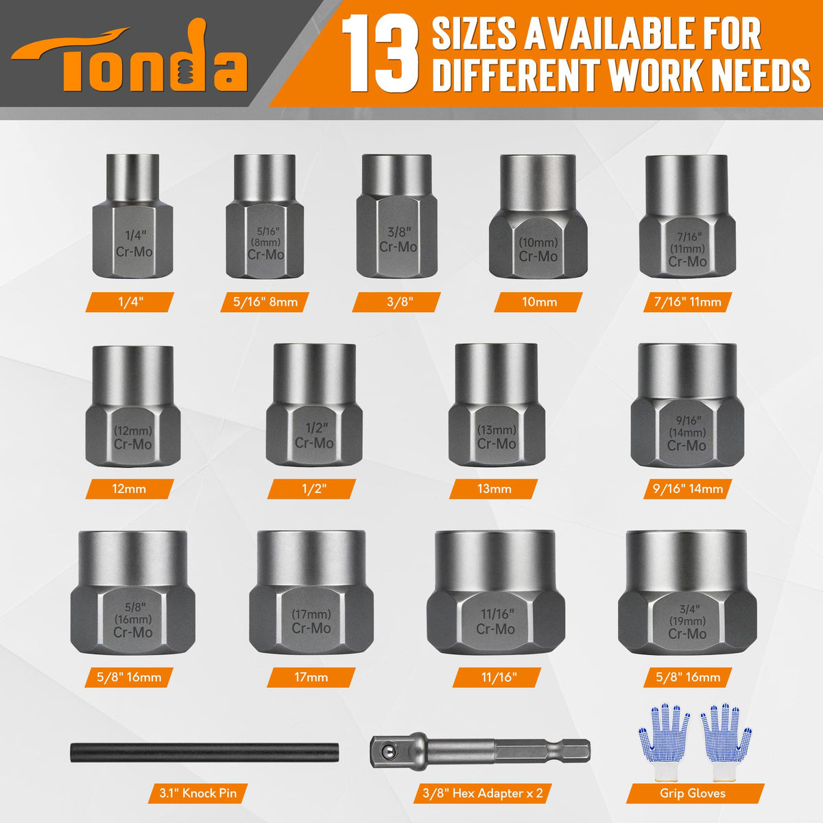 TONDA extractor kit with SAE and metric size markings for fast identification.