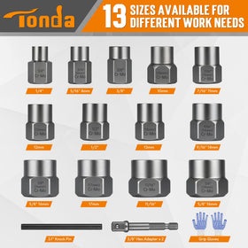 TONDA extractor kit with SAE and metric size markings for fast identification.