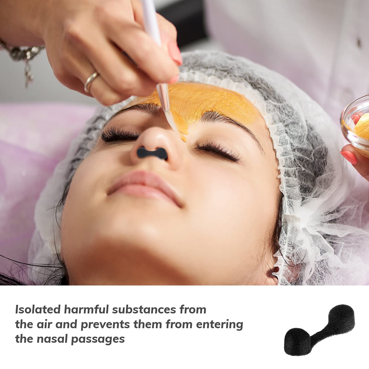 Tondiamo spray tanning nose filter being used to reduce mist inhalation